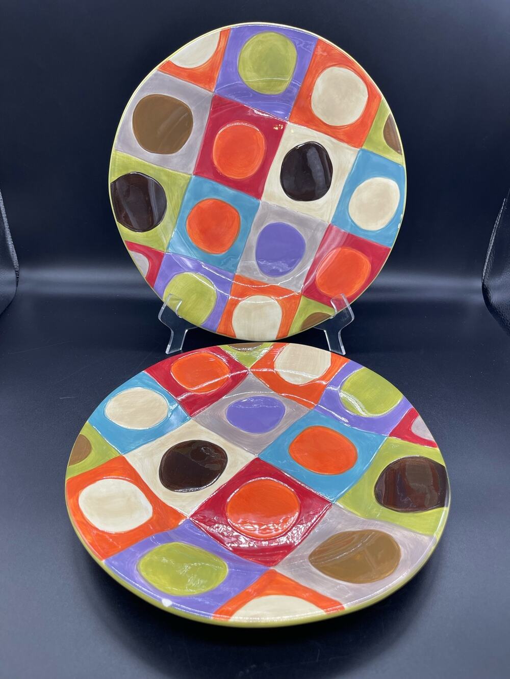 Pier 1 Urban Dot Earthenware Set of 2 Dinner Plates 12" *Plates have a Chip